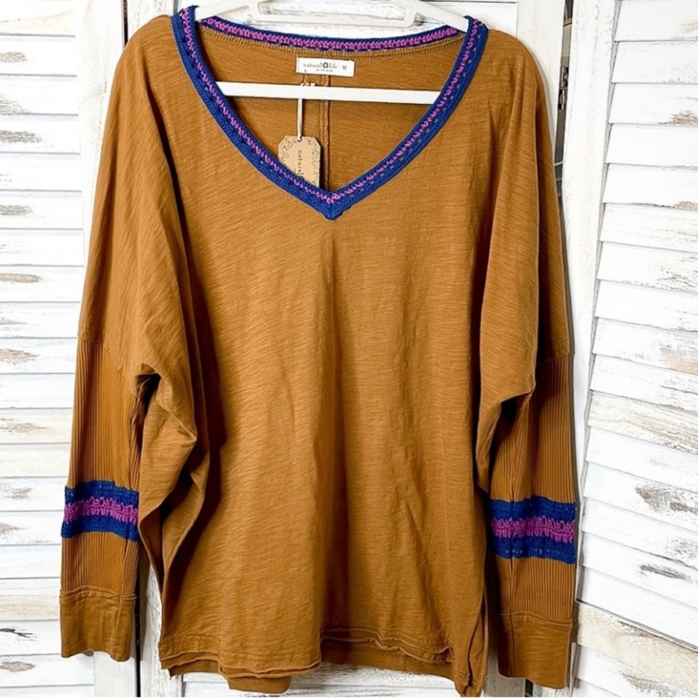 Natural Life mustard oversized boho comfy cotton crochet hippie long sleeve top - Picture 4 of 15